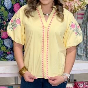JODIFL Yellow Embroidered Puff Sleeve Top with Pink Trim